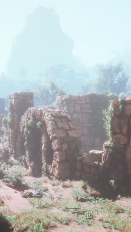 mysterious stone ruins in a foggy jungle