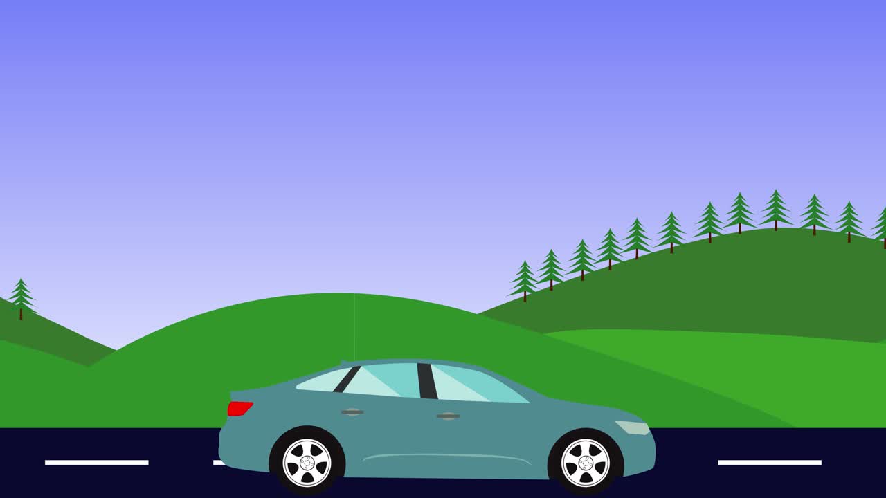 animación del paisaje de la naturaleza de las colinas, coche corriendo en la carretera, diseño plano, bucle sin costuras