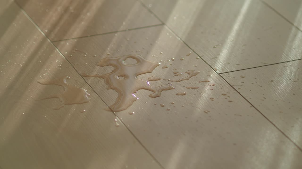 Puddle of water on a light wooden floor