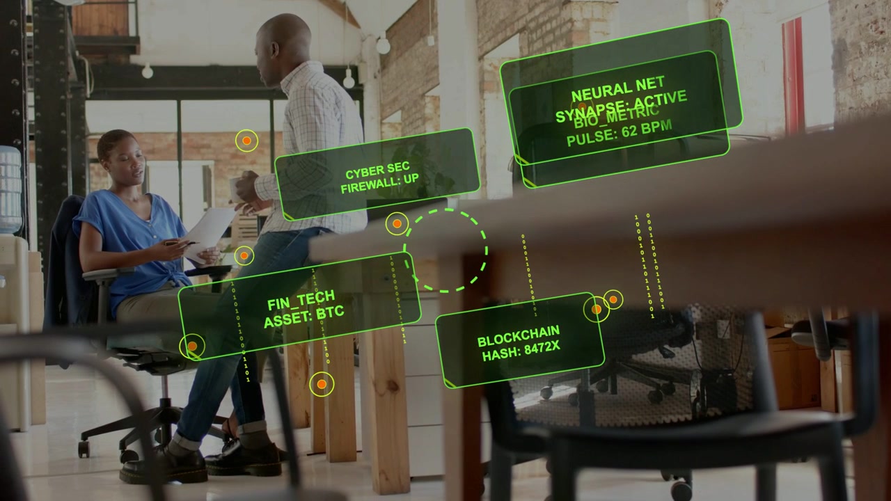 Standing man starting talk, seated woman reading doc and replying, green AR HUD showing finance BTC