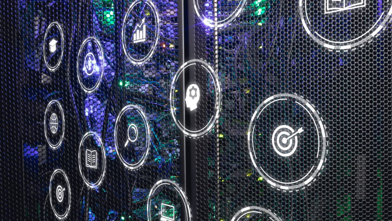animación de múltiples íconos digitales contra el primer plano de un servidor de computadora.