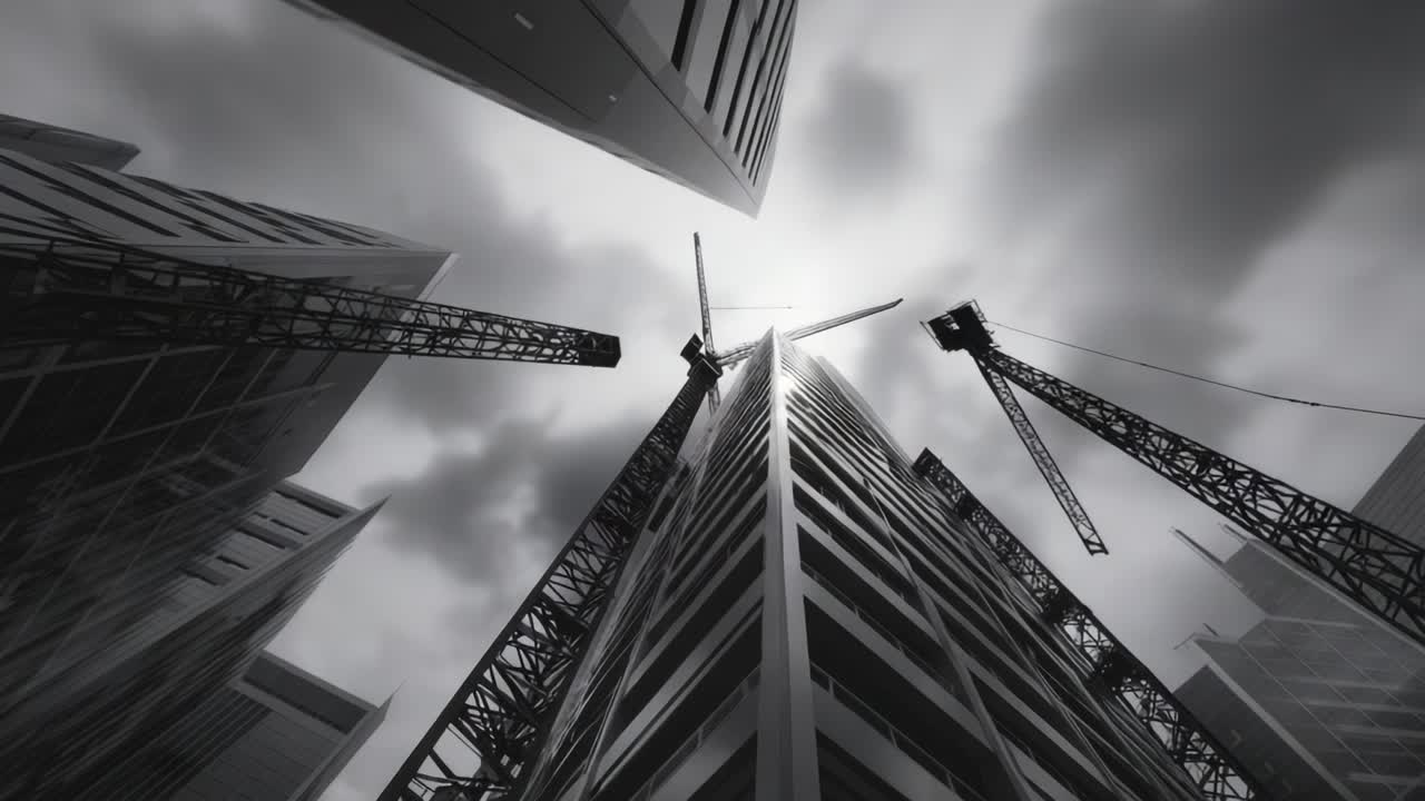Dramatic Perspective of Urban Construction with Cranes Against a Gloomy Sky, Showcasing Modern Architecture and Engineering in an Industrial Setting