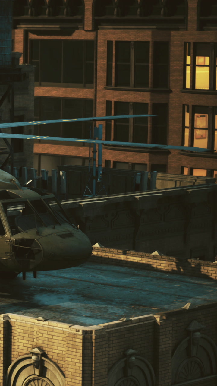 Helicopter landing on a city rooftop at dusk for urgent mission