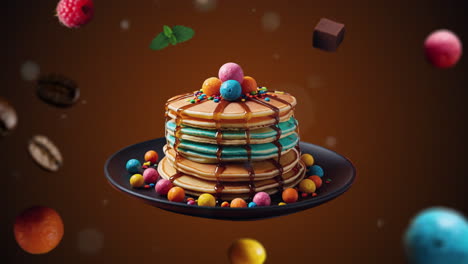 coloridas panqueques de cumpleaños introducción de animación para publicidad o comercialización en fondo naranja oscuro para restaurantes con los ingredientes del postre volando en el aire - agregar precio o venta
