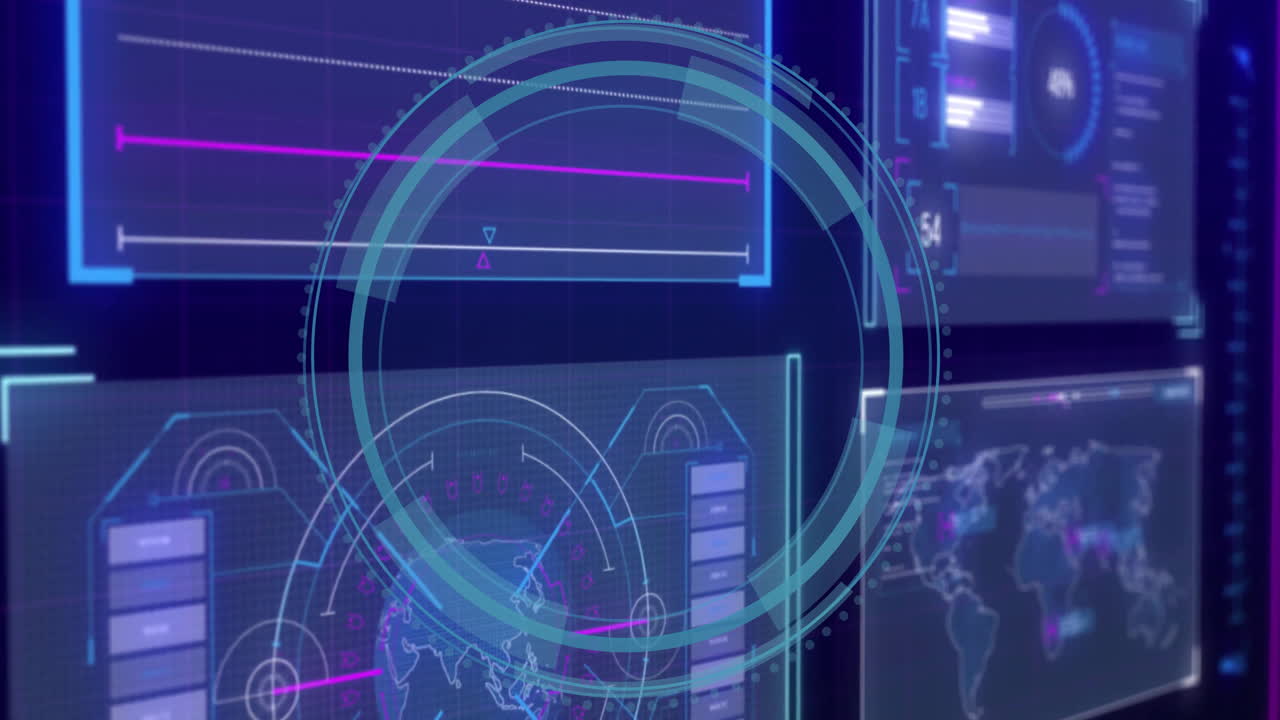 Data protection animation with digital interface showing graphs and world map