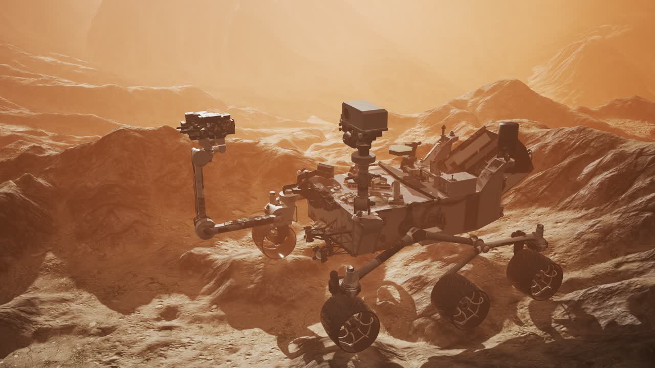 Curiosity Mars Rover exploring the surface of red planet. Elements of this image furnished by NASA