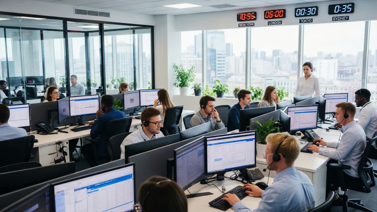 A Busy Office Scene Featuring Professionals Engaged in Collaborative Work with Multiple Computer Screens, Task Monitoring Timers, and a Focus on Team Dynamics in a Modern Workspace Environment