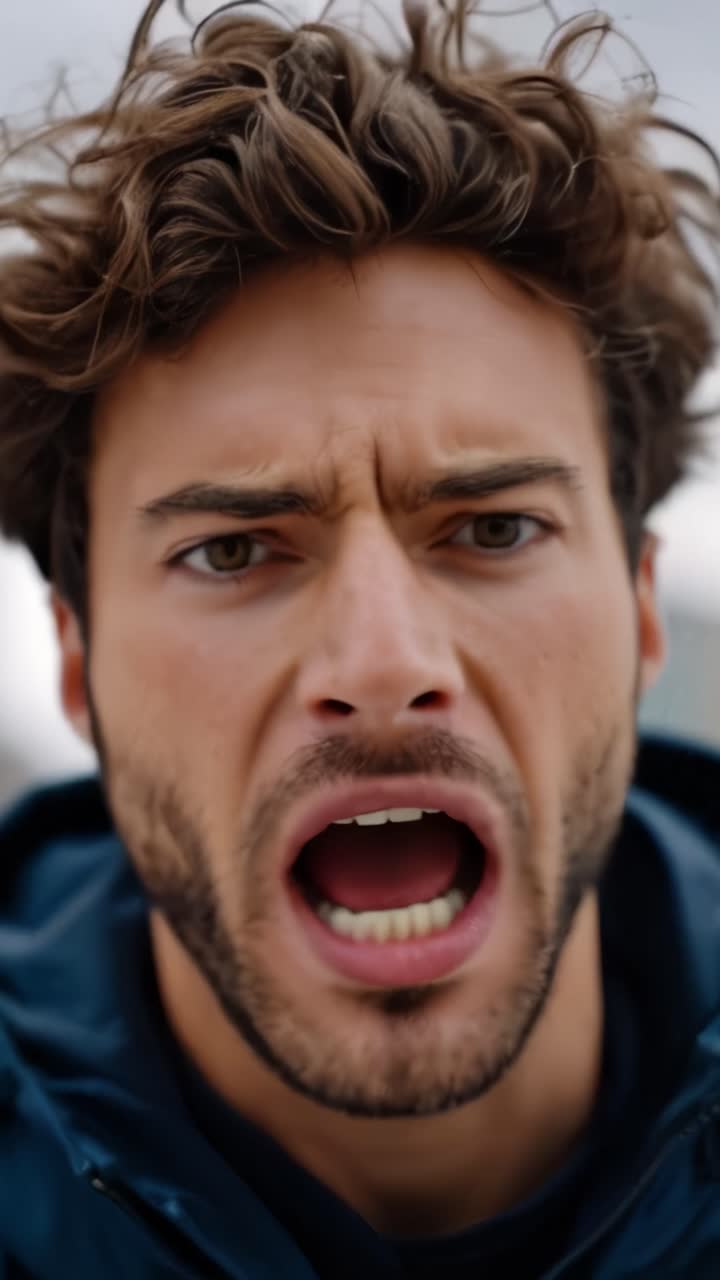 Un giovane che esprime emozioni intense con un'espressione potente in primo piano, evidenziando passione e sentimenti forti in un momento drammatico.