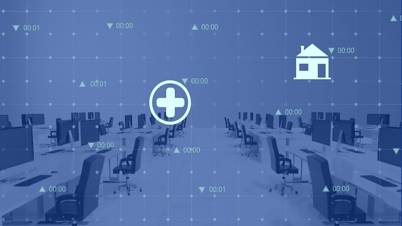 빈 사무실에 대한 그리드 네트워크를 통해 여러 디지털 아이콘의 애니메이션