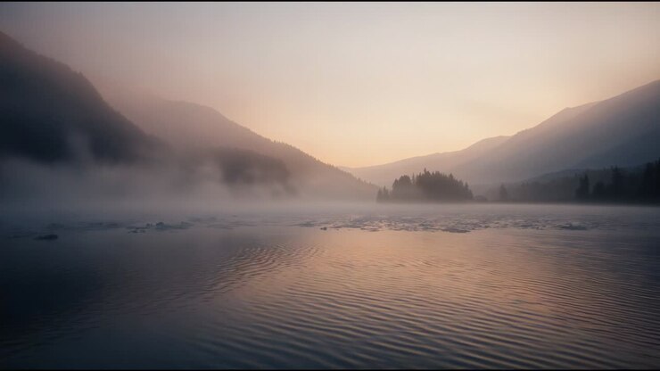 Opening valley at dawn, mist drifting over rippling lake, revealing ice floes and shoreline stones