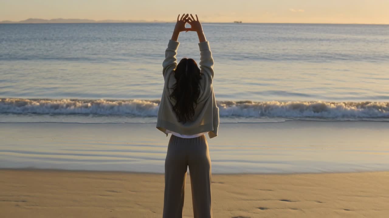 Donna che inizia con le braccia estese, sollevandosi in una posa a diamante sul mare, con una sovrapposizione di benessere che traccia le braccia.