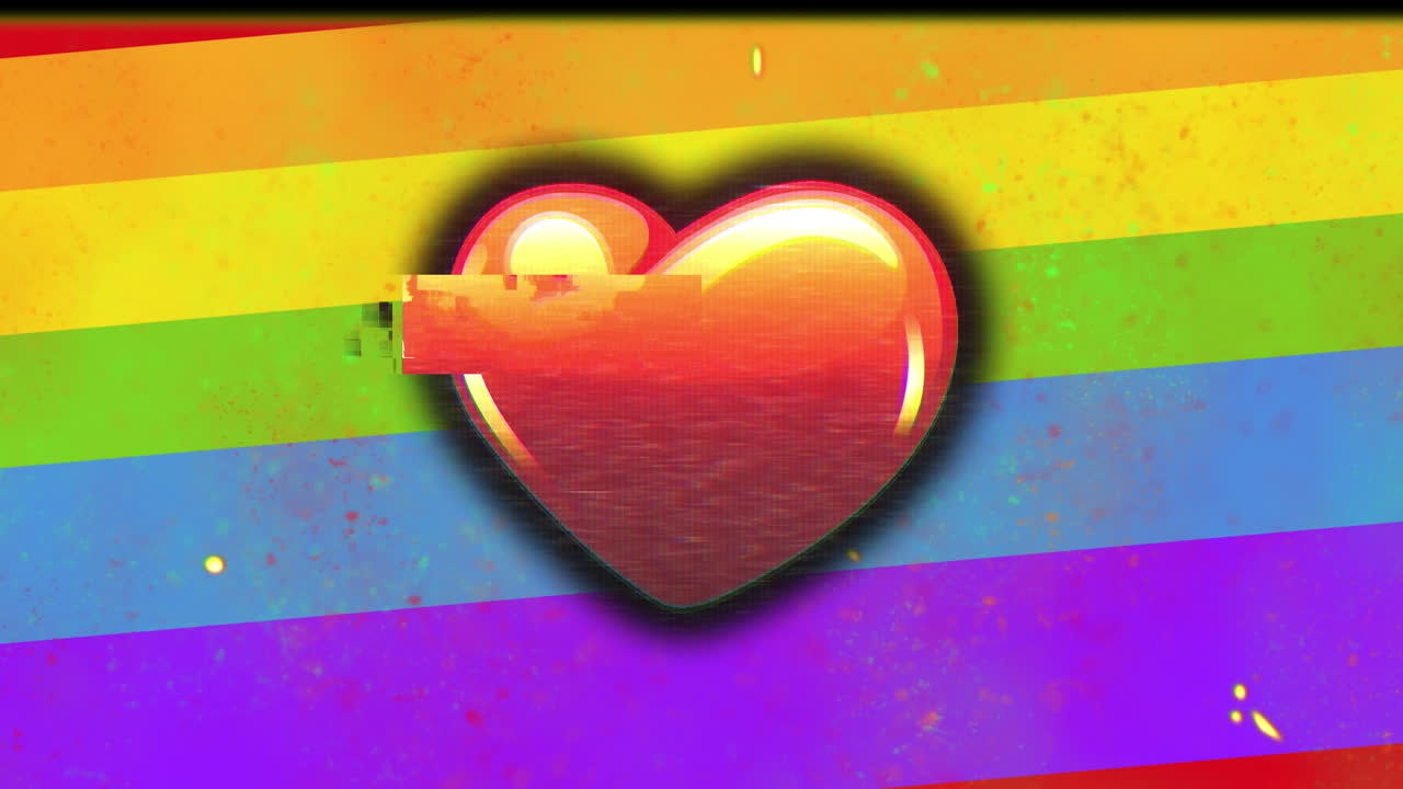 animación de un carrete de cinta con corazón con fallo en el fondo del arco iris