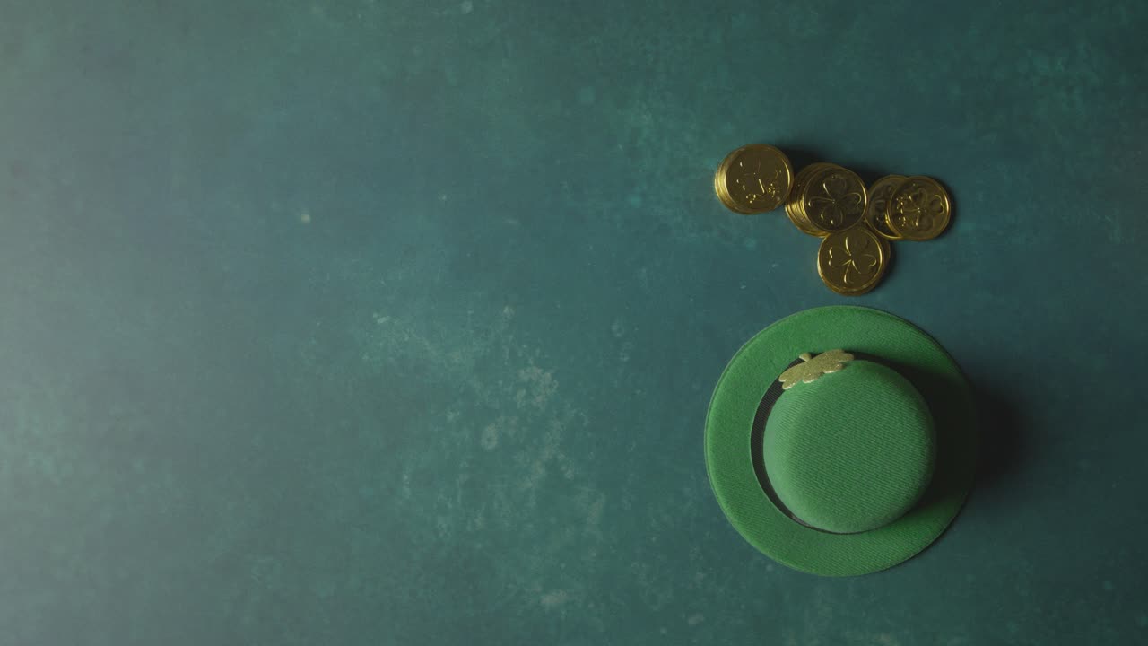 foto de estudio superior de sombrero de copa de duende verde y mano recogiendo monedas de oro para celebrar el día de san patricio