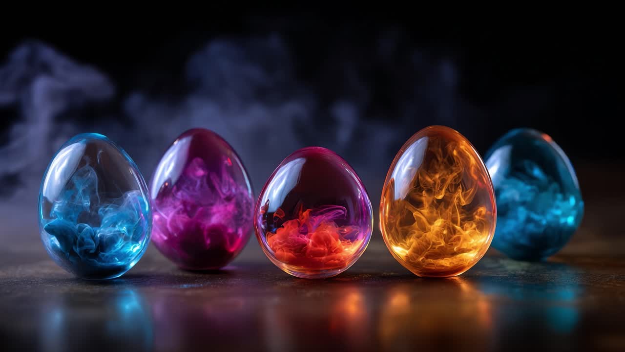 Una splendida esposizione di uova colorate riempite di liquido con effetti di fumo vorticoso su uno sfondo scuro, che cattura la bellezza dell'arte nel vetro e nella materia.