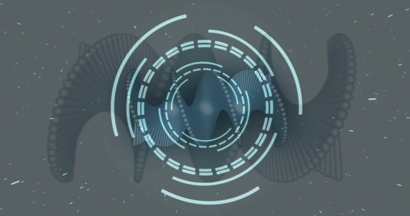Centered arcs forming dashed rings rotating with pulsing and helix undulating visualizing HUD UI