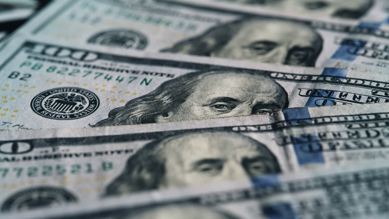 Detailed view dollar bills lying in row. Stack of fresh US currency cash money