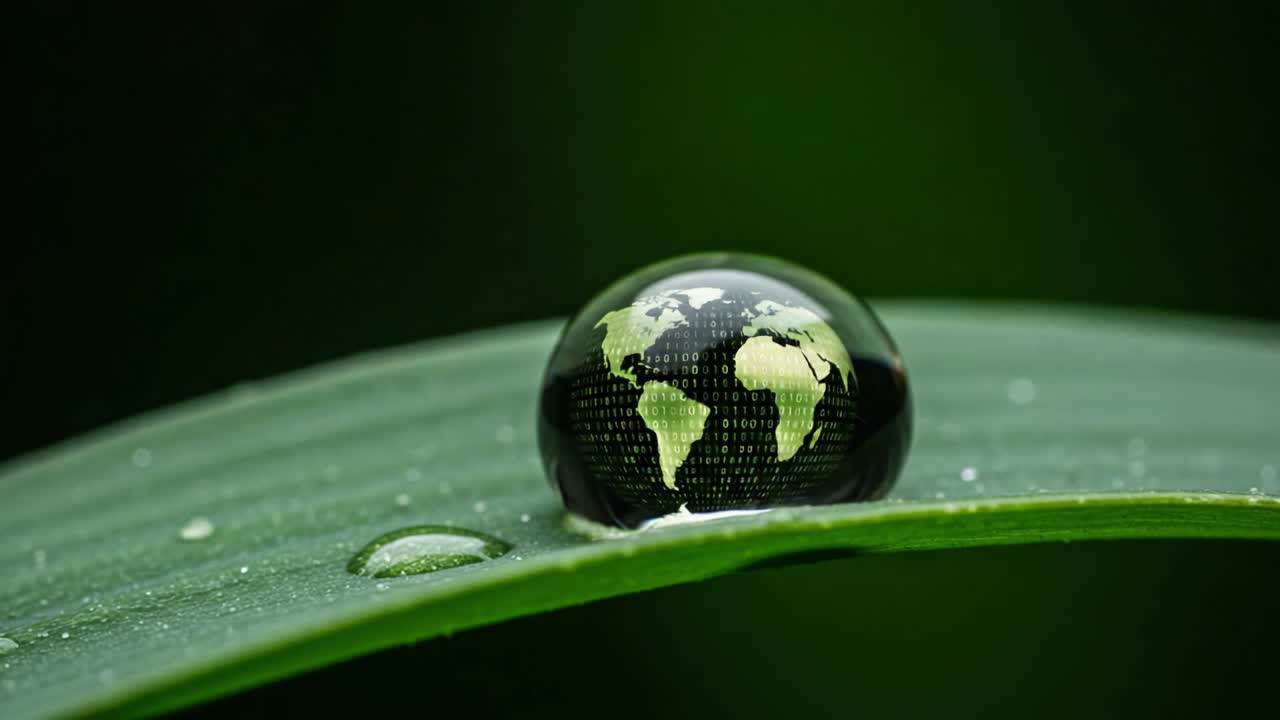 A Captivating Macro Shot of a Water Droplet Reflecting a Digital Earth on Green Leaf, Symbolizing Environmental Awareness and Global Connectivity