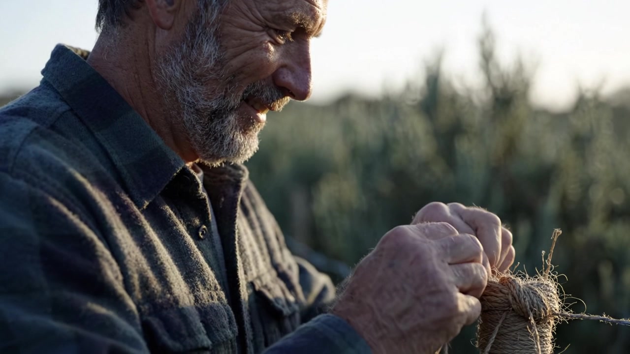 Un uomo che avvolge con cura dello spago attorno a un fascio di paglia, mettendo in mostra l'artigianato tradizionale e la connessione con la natura in un sereno ambiente esterno