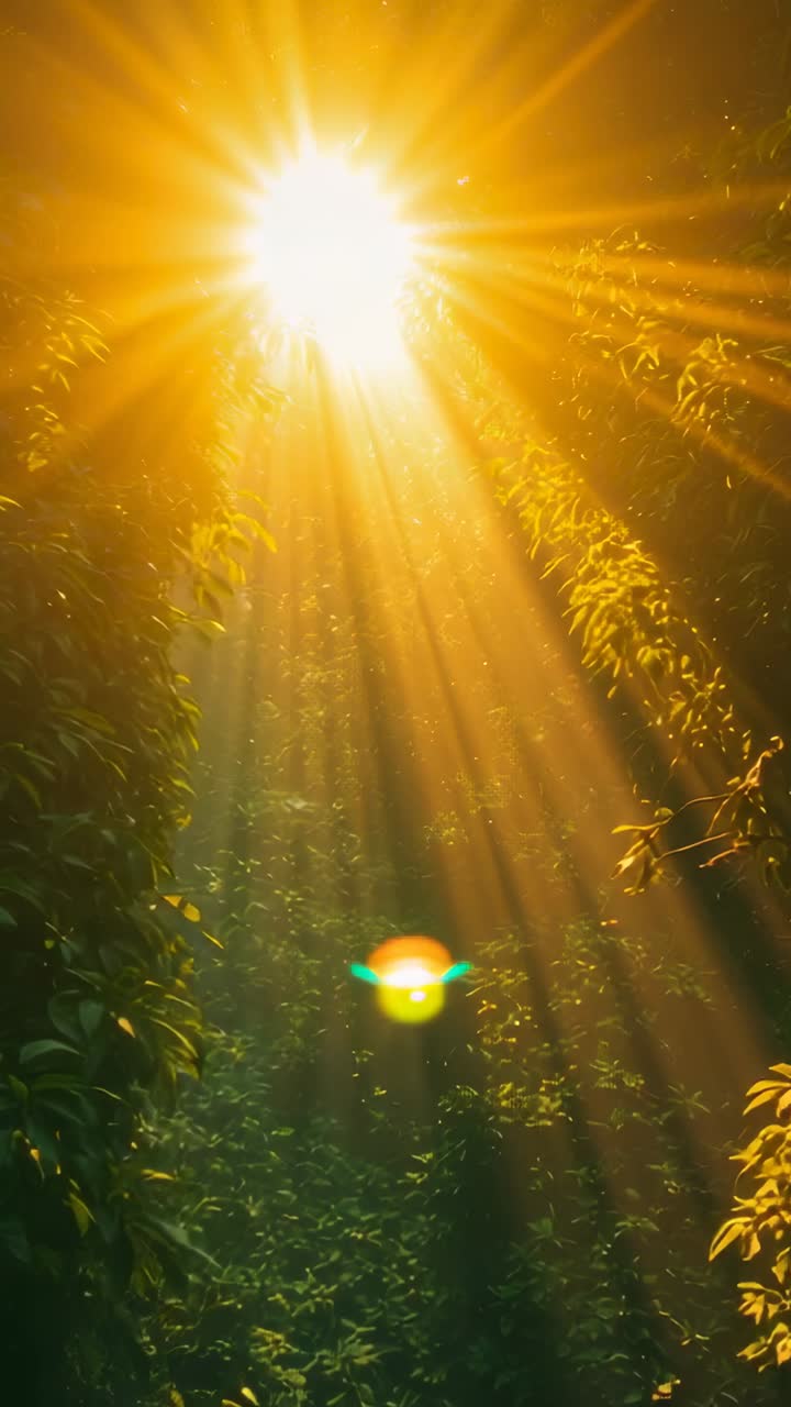 Vertical video: Sunlight appearing through vines casting rays, lens flare over dust in glade