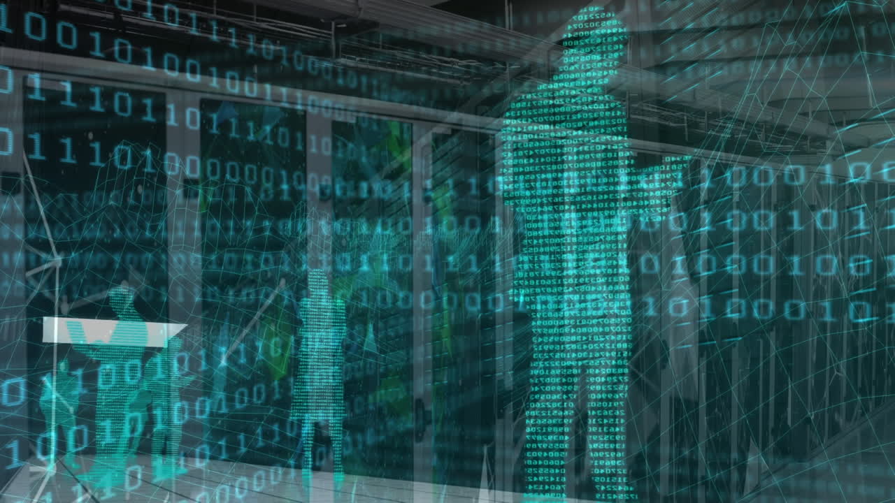 Data processing with people silhouettes made of numbers over room made of screens