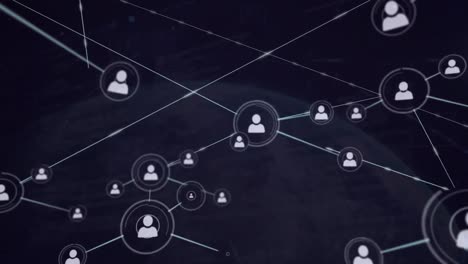 Animation-of-network-of-connections-with-icons-over-globe-on-black-background