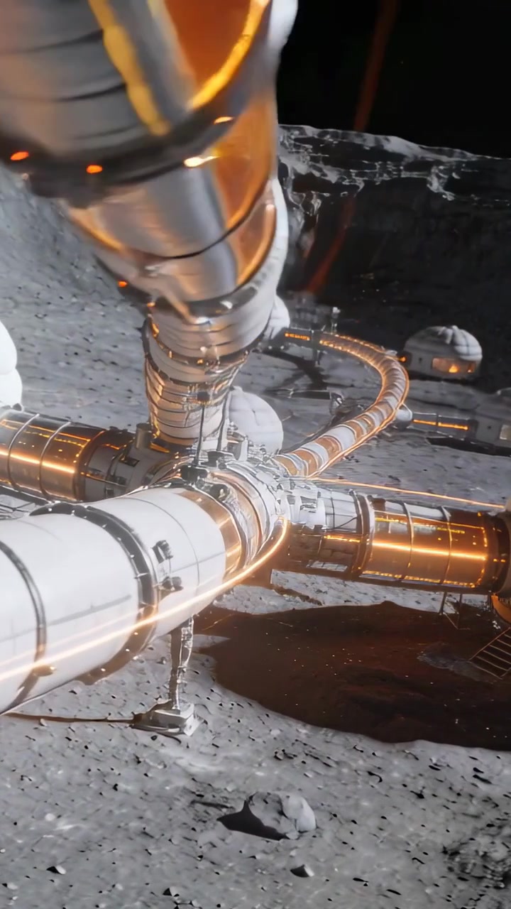 Vertical video: Pulling back, camera revealing lunar habitat at crater base with orange corridors