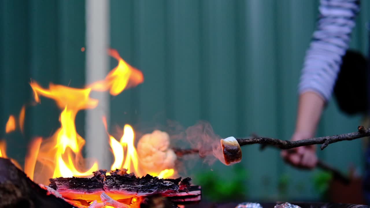 Roasting marshmallows and vegetables on flames of a open fire