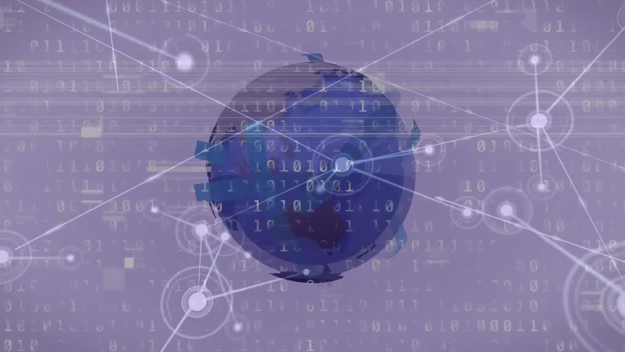 Animation of network of connections and digital interface over globe on blue background