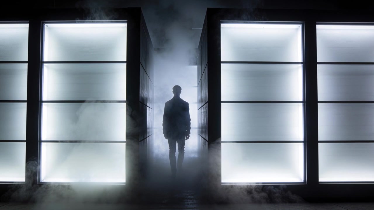 Stepping man silhouette walking from lit panels into fog in studio, in dark jacket staging entrance