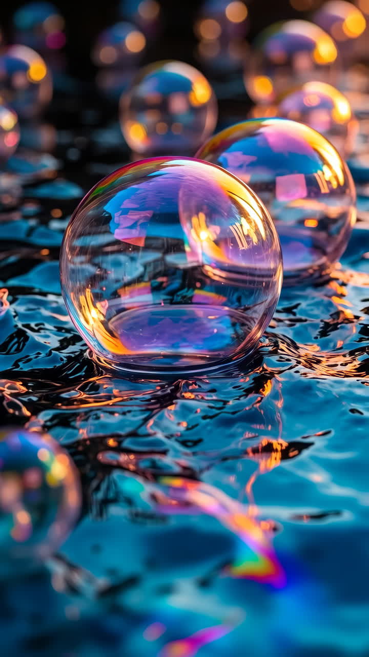 Colorful Bubbles on Rippling Water Surface with Vibrant Reflections