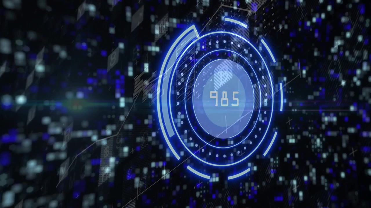 Opening data spawning circular HUD updating numbers pulsing rings shifting panels showing data flow