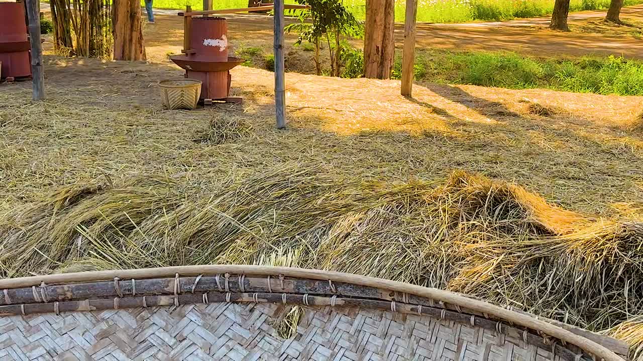 A sunlit scene featuring a large haystack, woven basket, and trees in a rural landscape.