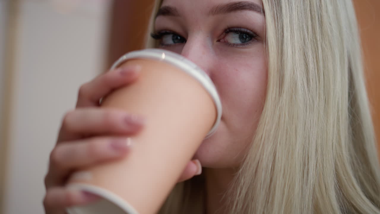 primer plano de una joven bebiendo café, mirando algo con enfoque, mientras que algo en el fondo es suavemente visible, capturando un momento sereno de contemplación