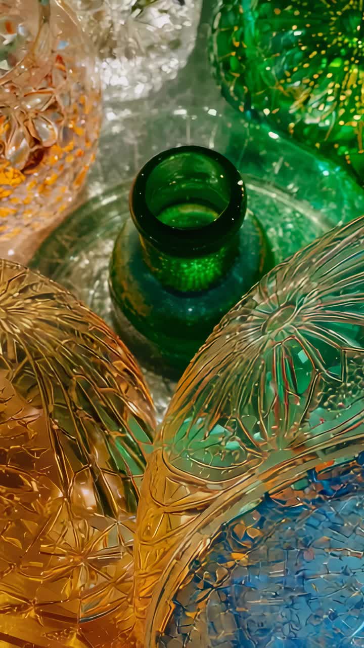 Vertical video: Tilting camera revealing glass bowls and green bottle in gallery to capture sparkle
