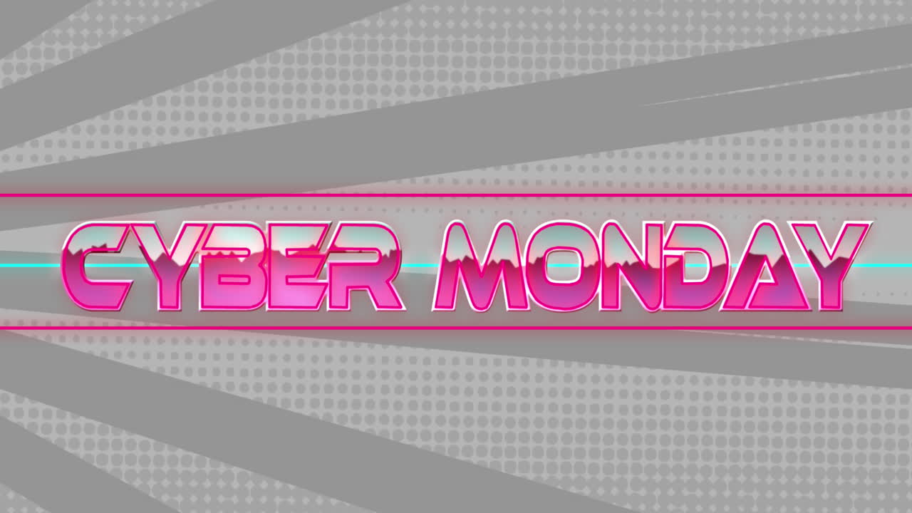 animación del banner de texto de cyber monday sobre rayos radiales en un patrón sin costuras sobre un fondo gris