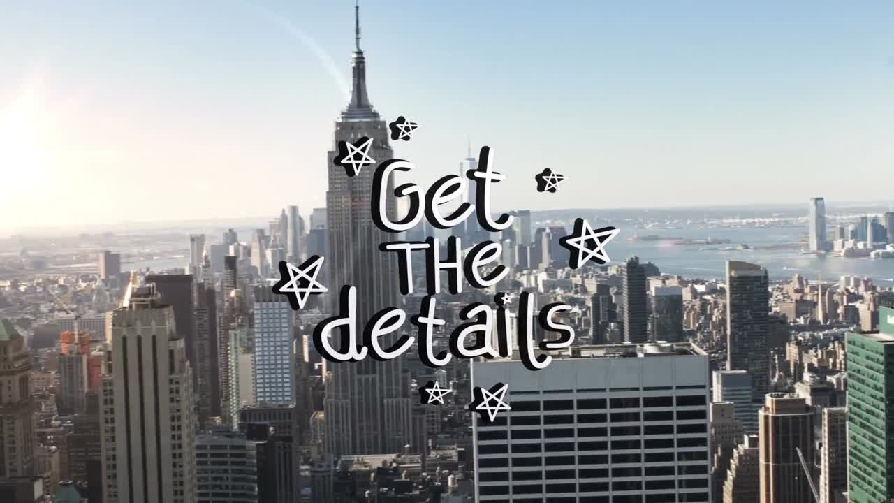 도시 풍경 위에 세부 사항 텍스트를 얻는 애니메이션