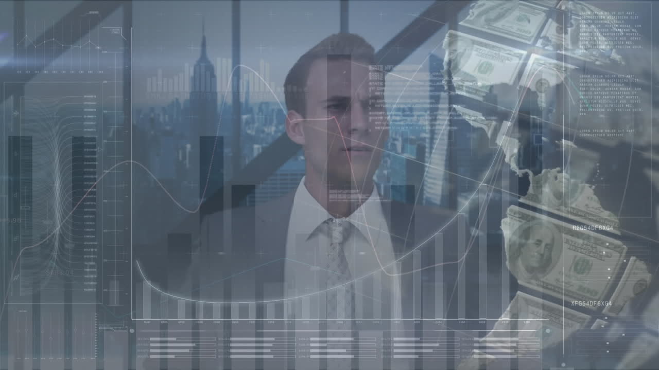 animación de un hombre de negocios en la oficina utilizando la interfaz de pantalla táctil sobre el globo del dólar y el procesamiento de datos