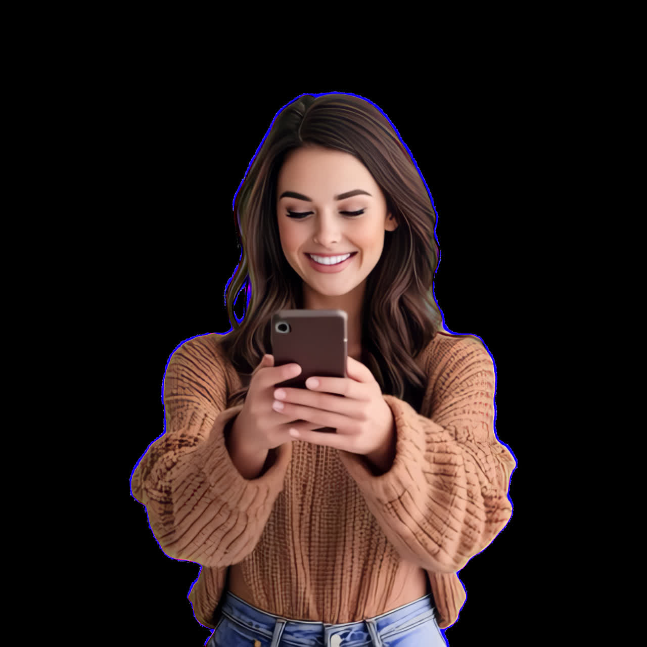 Smiling woman using smartphone animation isolated asset, transparent 4K video, alpha channel, ProRes