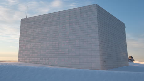 Exterior-Of-Oslo-Opera-House-In-Snow-covered-Landscape-In-Oslo,-Norway-At-Winter