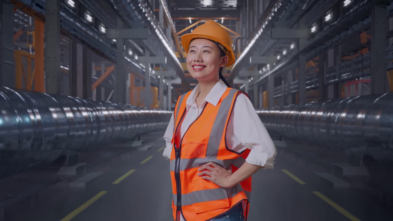 Side View Of Asian Female Engineer Wearing Safety Helmet Looking Around While Standing With Arms Akimbo With Metal Pipes
