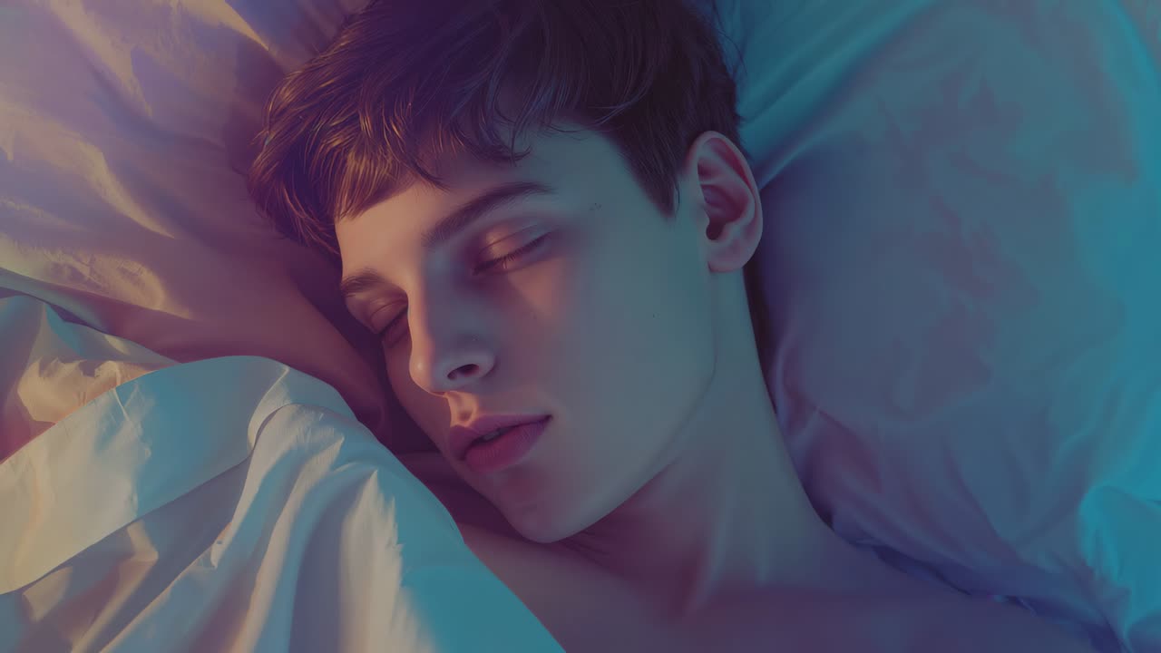 Lying shirtless male adolescent breathing slowly on bed in bedroom, with pillow and white sheet