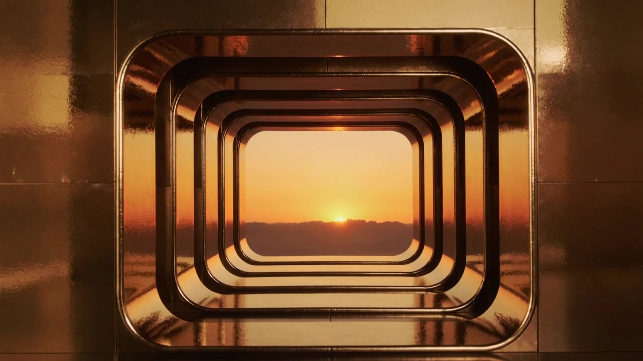 Sliding camera through stacked rounded metal frames and polished panels, framing low sun on floor