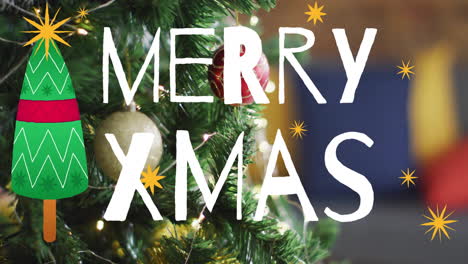 animation of merry xmas text over christmas decorations and tree background