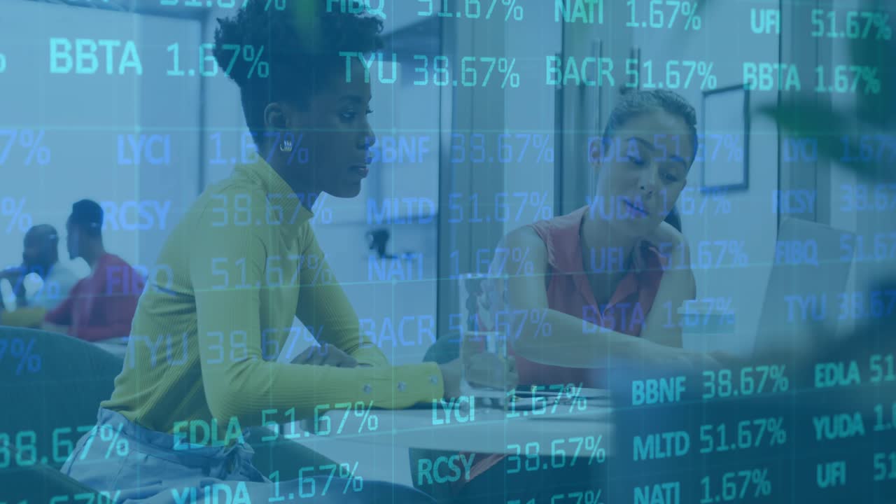 When colleague sliding pen at document, two women annotating finance report with percentage overlay