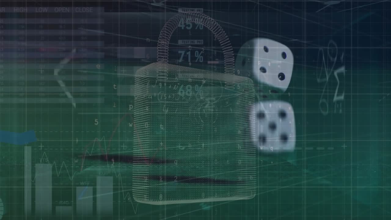 Animation, der fusionerer finansdata og terninger på en digital hængelås og et bord