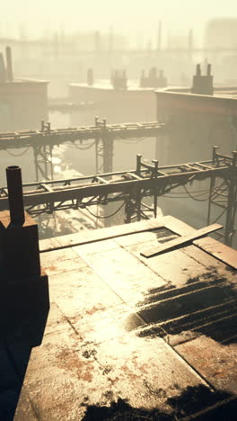 a dystopian cityscape with rusty metal structures and pipes, fog and smog in the air.