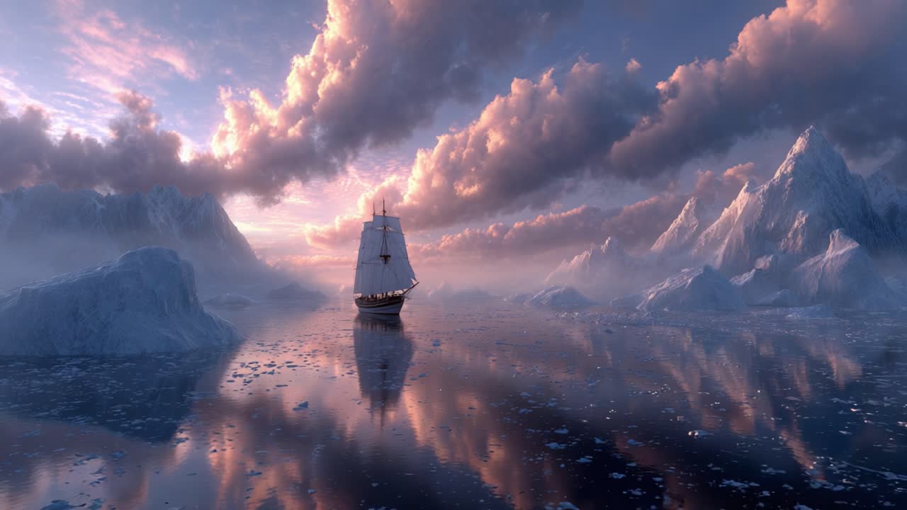 A Majestic Ship Navigating Through Tranquil Icy Waters at Dusk, Surrounded by Stunning Mountainous Landscapes and a Spectacular Colorful Sky