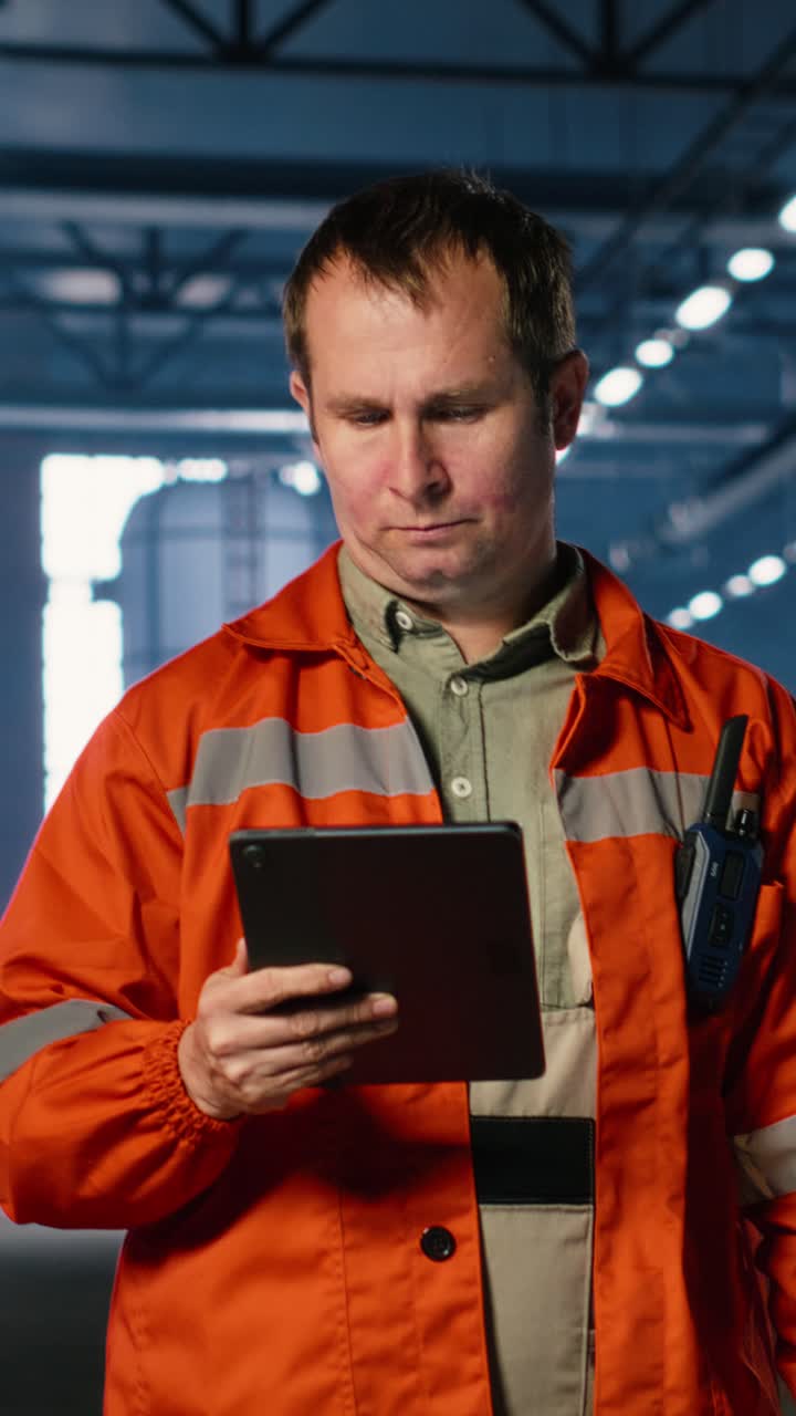 Vertical Video Workforce technician walking on factory floor using tablet equipment