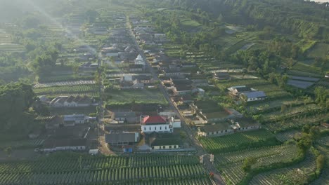 Aerial-view-of-rural-landmark-of-Indonesian-village-with-green-plantation