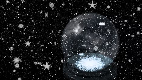 animation of snow falling over snow globe on black background